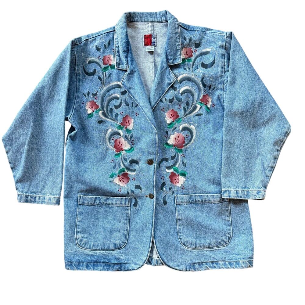 Sun Belt Denim Jacket Floral Hand Painted Vintage 90s‎ Blazer Women Size Medium